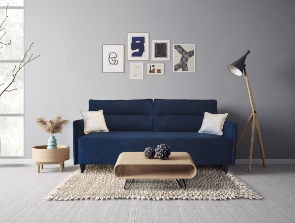 Modern design interior with red sofa. Scandinavian furniture. 3d illustration